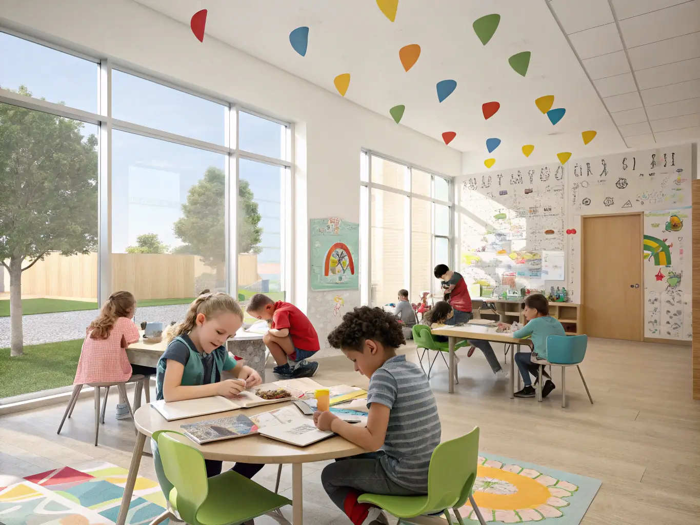 A bright and cheerful image of children engaged in various activities in a kindergarten classroom, with a teacher interacting with them, showcasing the vibrant learning environment.