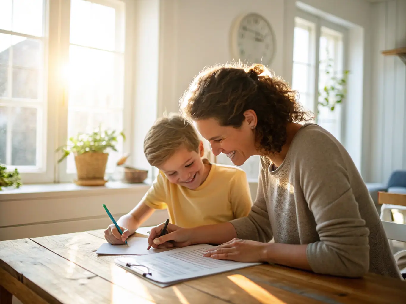 A heartwarming image of a parent and child smiling together while filling out an application form at a kindergarten open house, with soft, natural lighting and a focus on the connection between them.